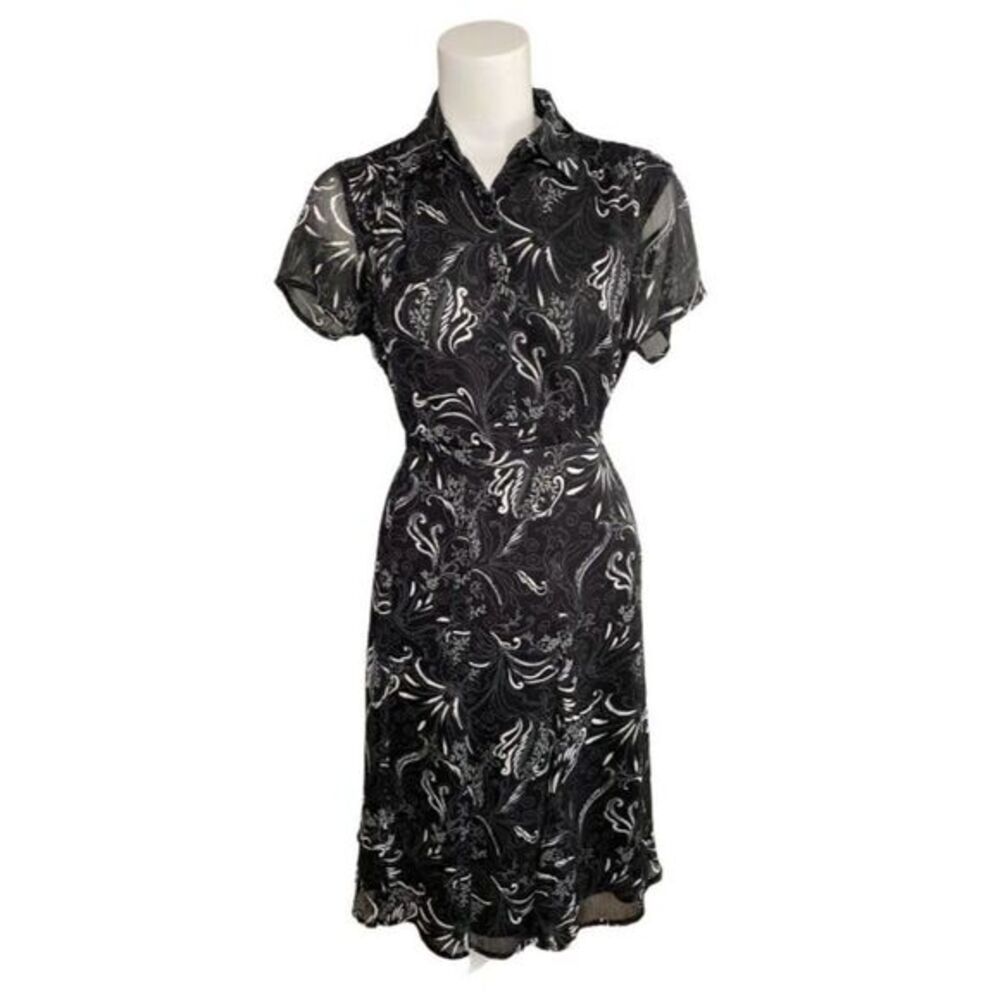 SAG HARBOR Black White Floral 2 Pc Button Down Top MP & A Line Skirt 6P‎ Petite